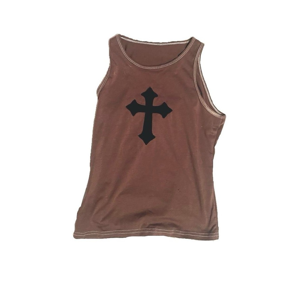 SOLD - Brown Tank Top with Black Cross Design